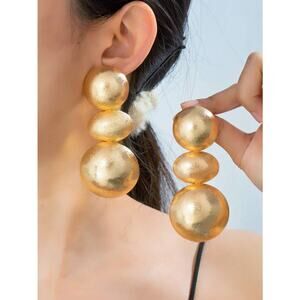 Gold Tone Textured Bubble Drop Statement Sculptural Modern Minimal Earrings